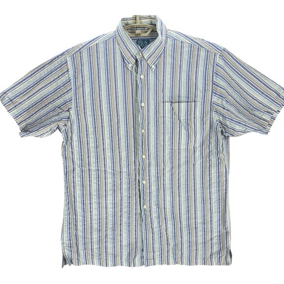 Jos A Bank Shirt M Blue Green Yellow Striped Button Up 100% Cotton Short Sleeve - Picture 2 of 6